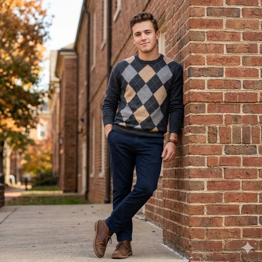 Allen Solly Cashmere Sweater Ivy League Mens M Gray Argyle Shoulder Crewneck